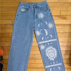 SHEIN Light Blue Denim Jeans with White Sun & Moon Print
